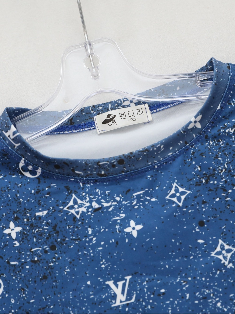 Blue designer logo t-shirt white print short sleeve women’s top - Picture 2 of 4